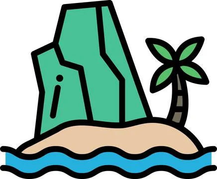 A cartoon drawing of a beach with a palm tree and a rock Stock Illustration