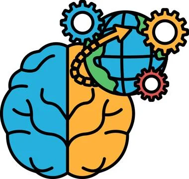 A cartoon drawing of a brain with a globe and gears surrounding it Illustrazione stock