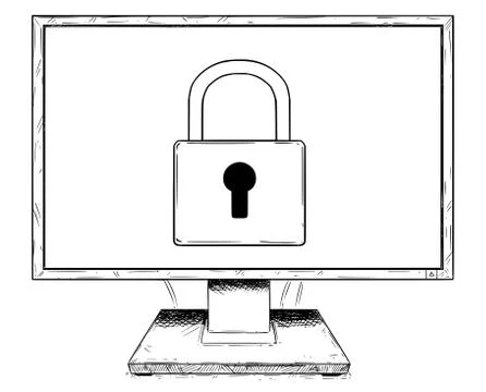 Cartoon Drawing of Computer Display With Lock Symbol 스톡 일러스트