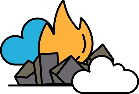 A cartoon drawing of a fire with a cloud in the background Stock Illustration