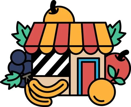 Cartoon drawing of a fruit stand with an awning Ilustración de archivo