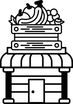 A cartoon drawing of a fruit stand with a black and white awning Ilustración de archivo