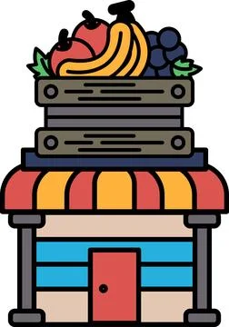 A cartoon drawing of a fruit stand with a red and yellow awning Ilustración de archivo