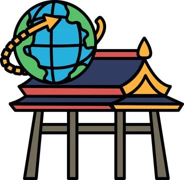 A cartoon drawing of a globe and a building with a red roof Stock Illustration