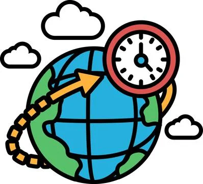 A cartoon drawing of a globe with a clock on it イラスト素材