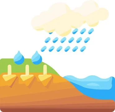 A cartoon drawing of a landscape with a cloud in the sky and rain falling, .. Stock Illustration