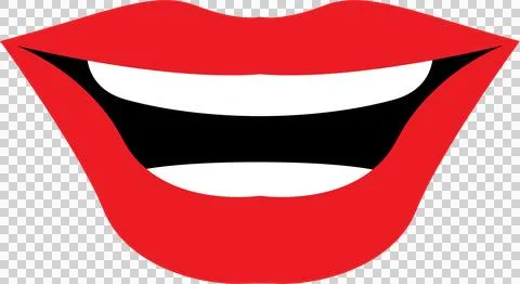 Cartoon drawing of red lips open in a smile showing white teeth against a b.. Illustrazione stock