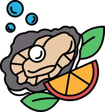 A cartoon drawing of a shell with a pearl inside and a slice of orange on top Stock Illustration