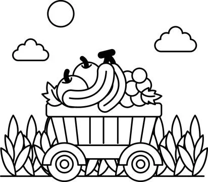 A cartoon drawing of a train with a basket full of fruits and vegetables Stock Illustration
