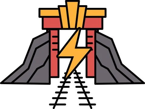 A cartoon drawing of a train station with a red and yellow archway Illustrazione stock
