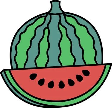 A cartoon drawing of a watermelon with a slice missing Stock Illustration