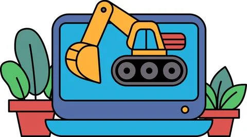 A cartoon drawing of a yellow excavator on a computer screen Stock Illustration