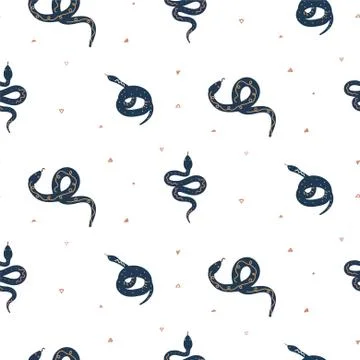 Cartoon drawn blue snakes vector seamless pattern. Stock Illustration