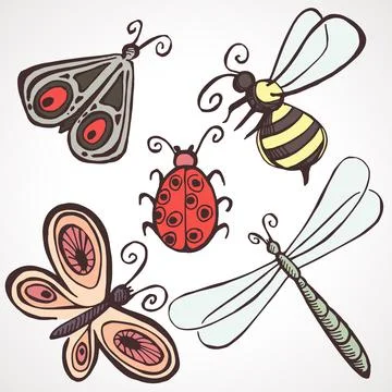 Cartoon drawn set insects. Vector illustration. Children decor Stock Illustration
