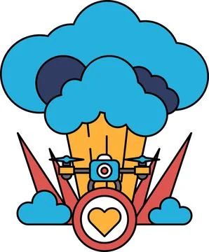 A cartoon of a drone with a camera on it flying through a cloud of smoke Stock Illustration