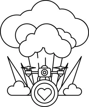 A cartoon of a drone with a camera on it flying through a cloud of smoke Stock Illustration