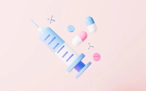 Cartoon drug and molecular structure, 3d rendering. Stock Illustration
