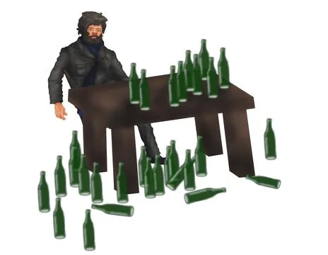 A cartoon drunk man is sitting at a table surrounded by empty bottles. Stock Illustration