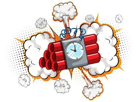 Cartoon Dynamite Time Bomb with Explosive Clouds Stock Illustration