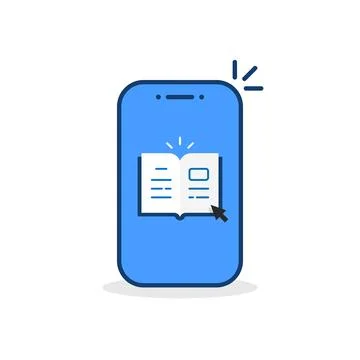 Cartoon e-library application with phone Stock Illustration