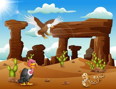 Cartoon eagle bird, turkey and snake living in the desert Stock Illustration