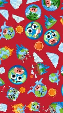 Cartoon Earth Characters Pattern Illustrating Global Warming and Climate Chan Stock Illustration