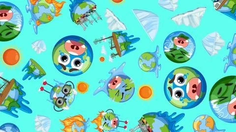 Cartoon Earth Characters Pattern Illustrating Global Warming and Climate Chan 스톡 일러스트