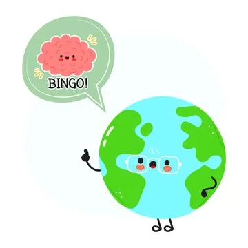 The cartoon earth is delighted as it thinks of a clever idea, and says bingo Stock Illustration