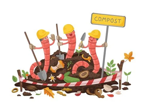 Cartoon earth worm builder characters in compost Stock Illustration