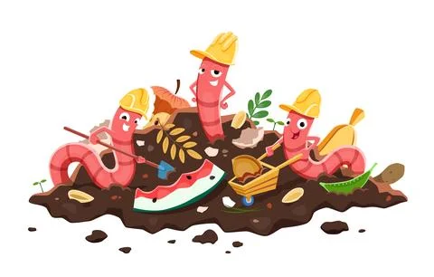 Cartoon earth worm builder characters in compost Stock Illustration