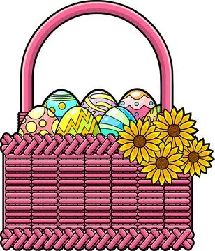 Cartoon Easter Basket With Colored Eggs And Flowers Stock Illustration