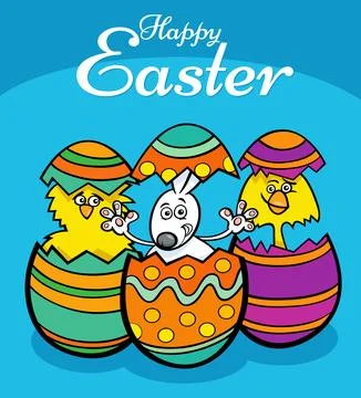 Cartoon Easter bunny and chicks hatched from eggs greeting card Illustrazione stock