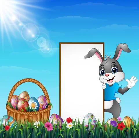Cartoon Easter bunny with a basket of easter eggs and blank sign Stock Illustration