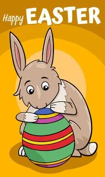 Cartoon Easter Bunny with big colored egg greeting card Stock Illustration