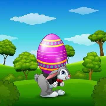 Cartoon easter bunny carrying easter eggs in the park Stock Illustration