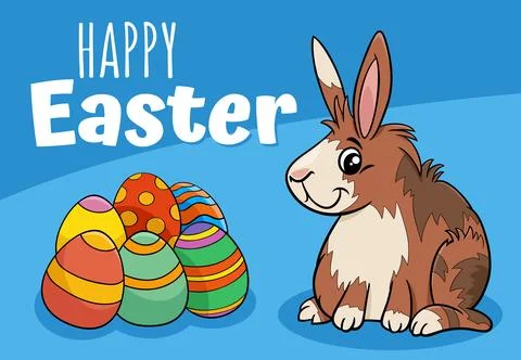 Cartoon Easter Bunny with colored eggs greeting card Stock Illustration