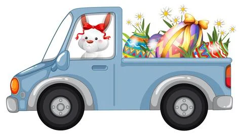 Cartoon Easter Bunny Driving a Blue Pickup Truck Full of Eggs Stock Illustration