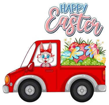 Cartoon Easter Bunny Driving a Red Truck Filled With Colorful Eggs Stock Illustration