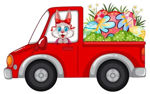 Cartoon Easter Bunny Driving a Red Pickup Truck Filled With Eggs Stock Illustration