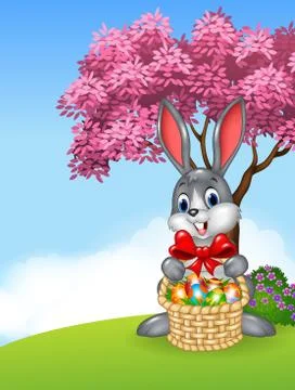 Cartoon easter bunny holding Easter basket full of decorated Easter eggs Stock Illustration