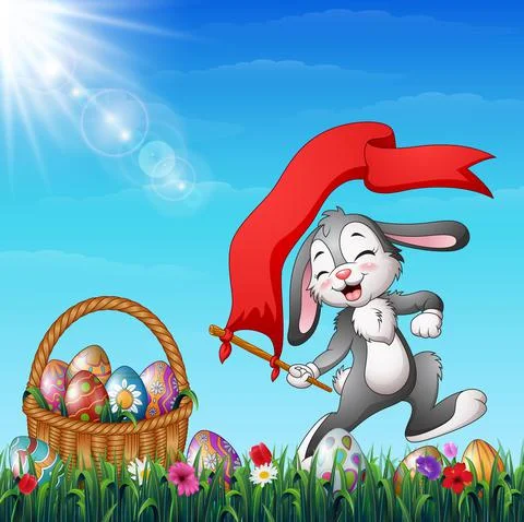 Cartoon Easter bunny holding red flag with a basket of Easter eggs Stock Illustration
