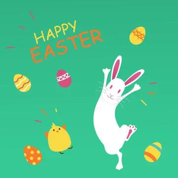 Cartoon Easter bunny jumping with egg. Vector clip art illustration. All in a Illustrazione stock