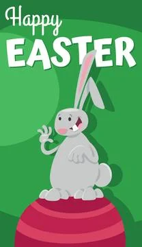 Cartoon Easter bunny on painted egg greeting card Cartoon illustration of ... Foto stock