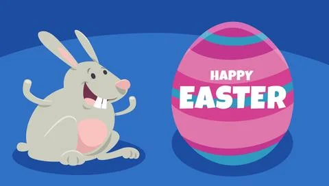 Cartoon Easter bunny with painted egg greeting card Cartoon illustration o... Foto stock