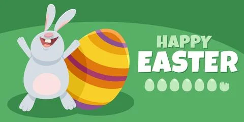 Cartoon Easter bunny with painted eggs greeting card Illustrazione stock