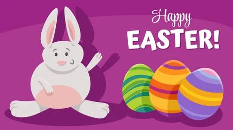 Cartoon Easter bunny with painted eggs greeting card Cartoon illustration ... Stockfoto's