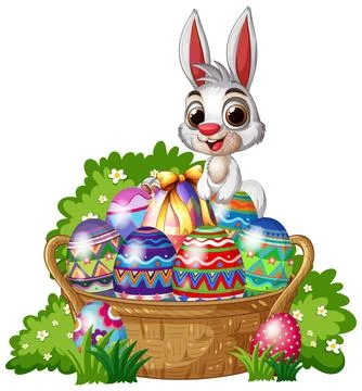 Cartoon Easter Bunny Sitting Behind a Basket of Colorful Decorated Eggs Stock Illustration