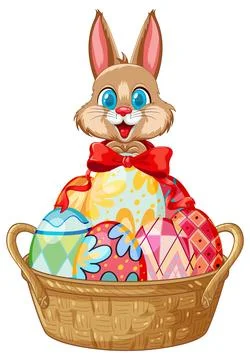 Cartoon Easter Bunny Sitting Behind a Wicker Basket Filled with Colorful Eggs Stock Illustration