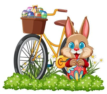 Cartoon Easter Bunny Standing by Bicycle with Basket of Decorated Eggs Stock Illustration