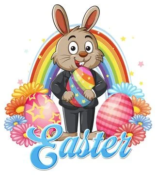 Cartoon Easter Bunny in Suit Holding Colorful Egg with Rainbow Background Stock Illustration